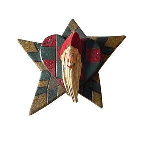 Handcrafted Wooden Santa Star Brooch Pin 1998 With Heart Design Rustic Cottage
